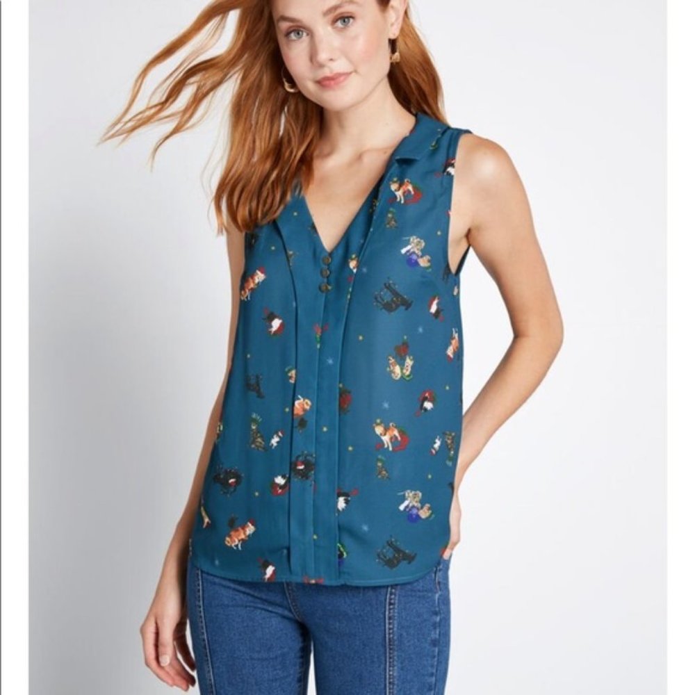 Modcloth Holiday Dog Animal Print Blouse Top